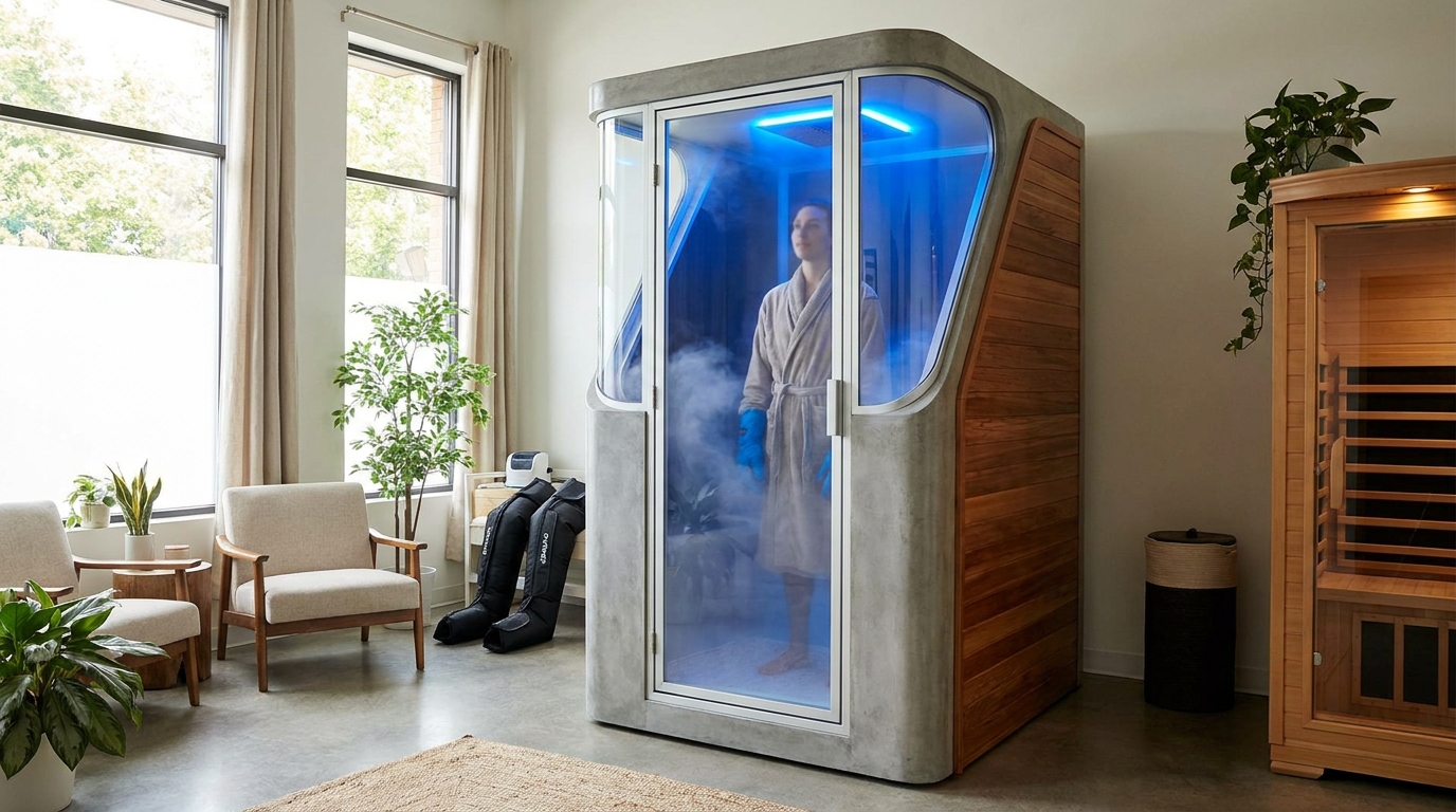 Modern electric cryotherapy chamber with frost on the glass window and blue interior glow in a wellness studio
