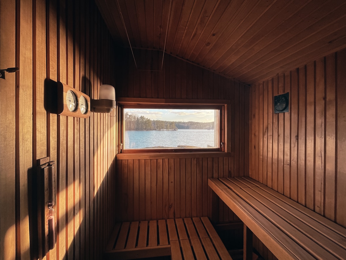Infrared sauna interior with heated infrared panels for heat therapy