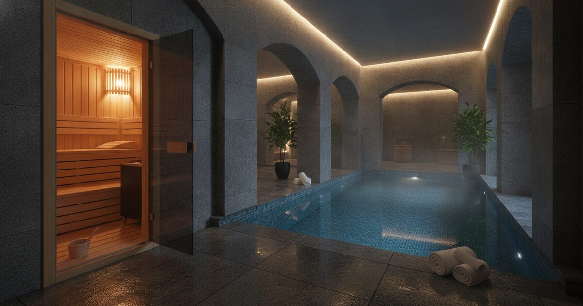 Wooden sauna room opening onto a tiled cold plunge pool in a dimly lit bathhouse