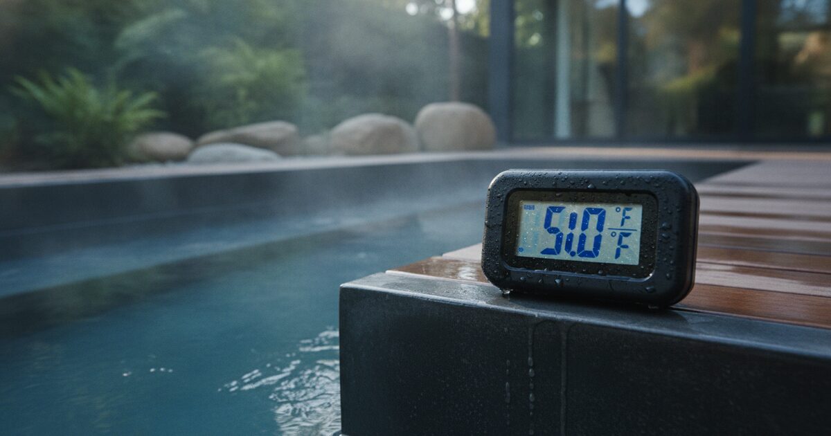 Digital thermometer display reading 50 degrees mounted on the side of a cold plunge tub