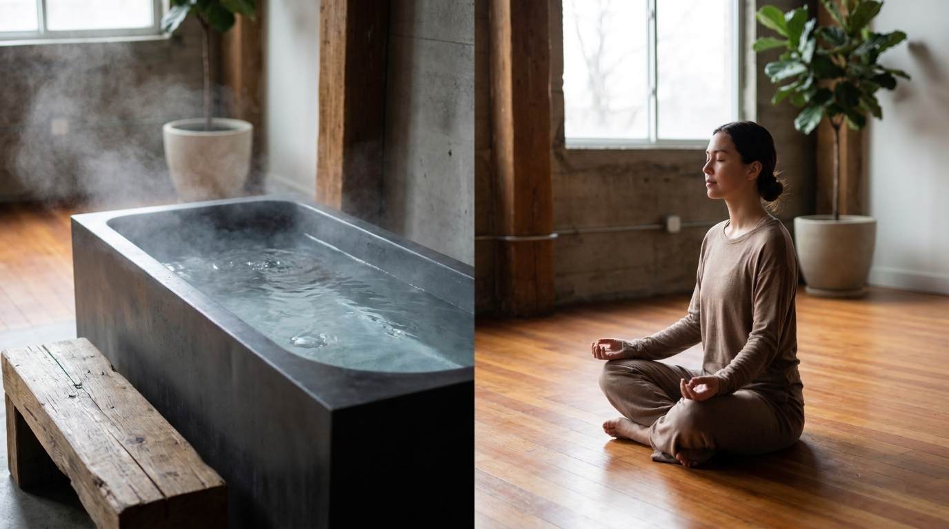 Side-by-side concept image of cold plunge tub and seated breathwork practice