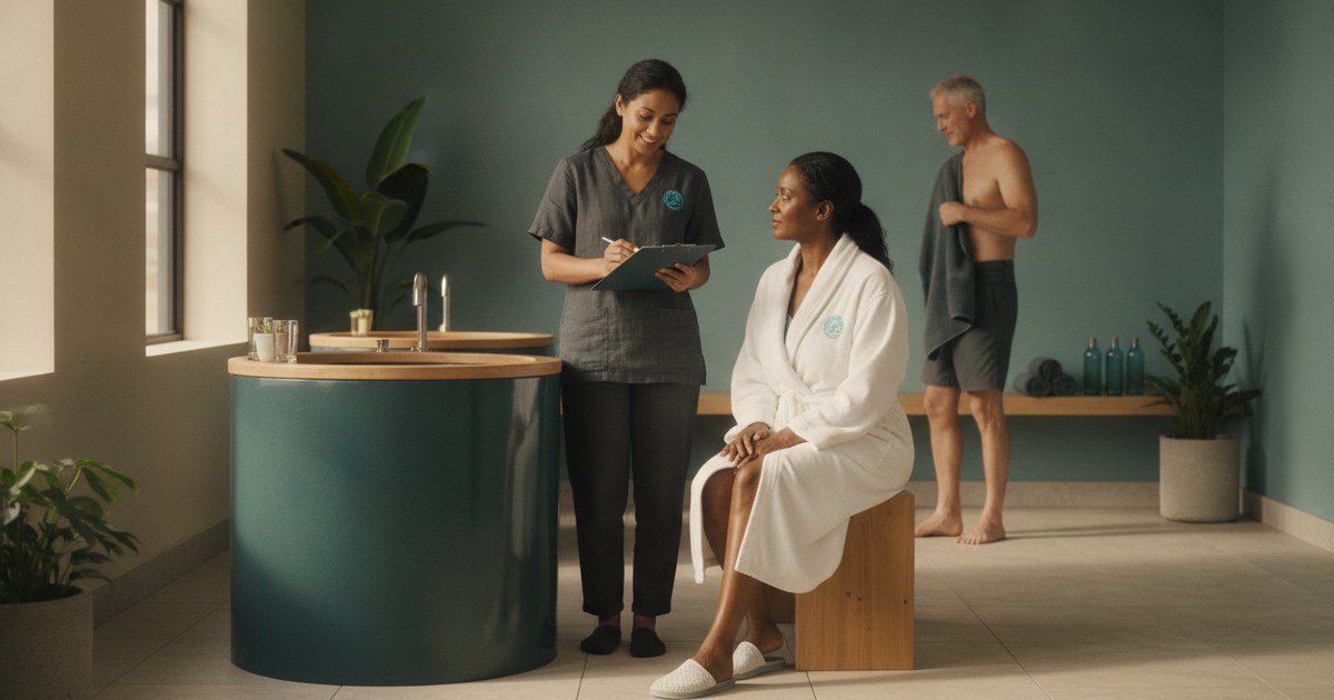 Studio staff member standing beside a cold plunge tub reviewing a client intake form