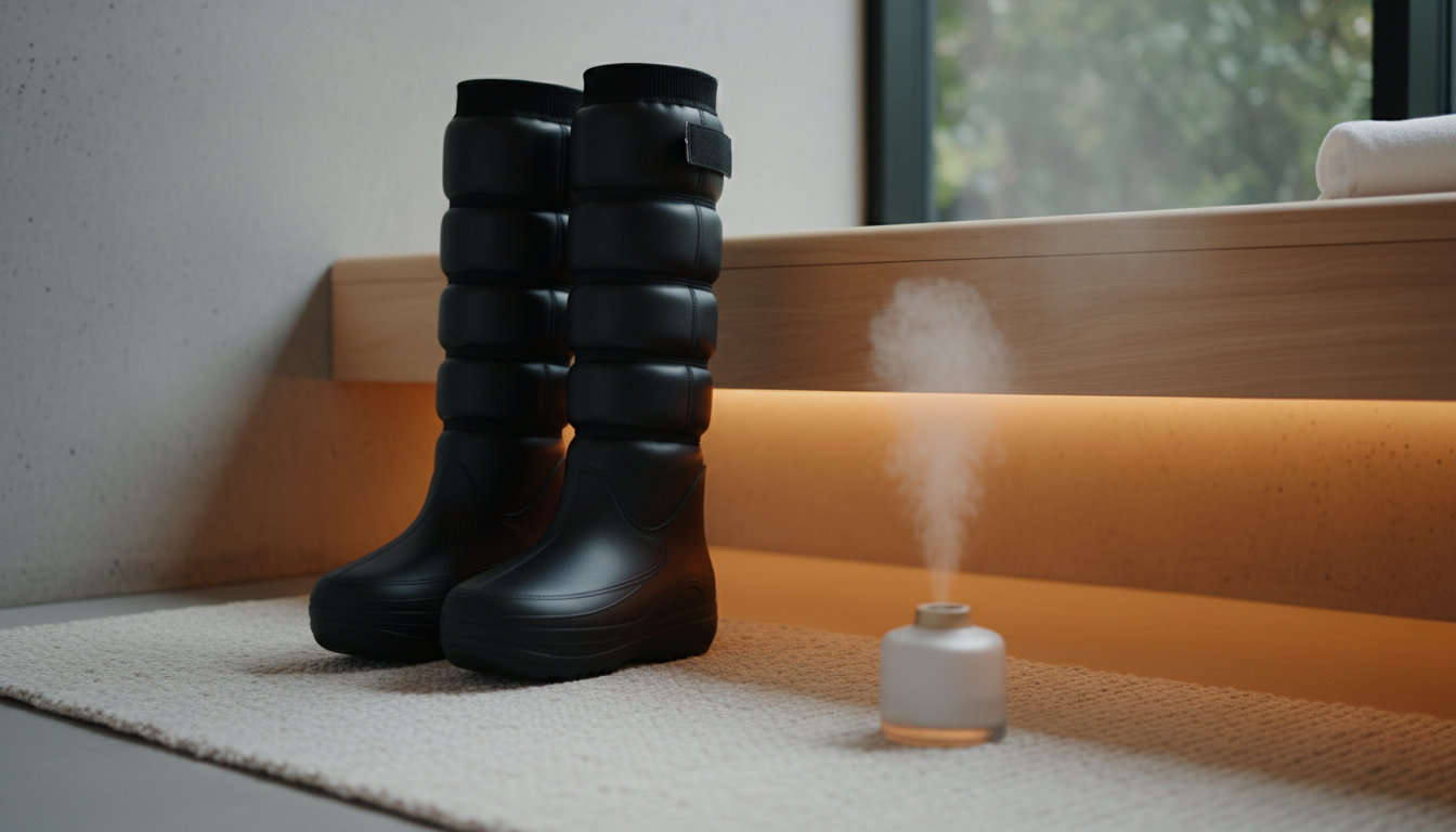 Compression boots next to a sauna at a Tampa recovery studio