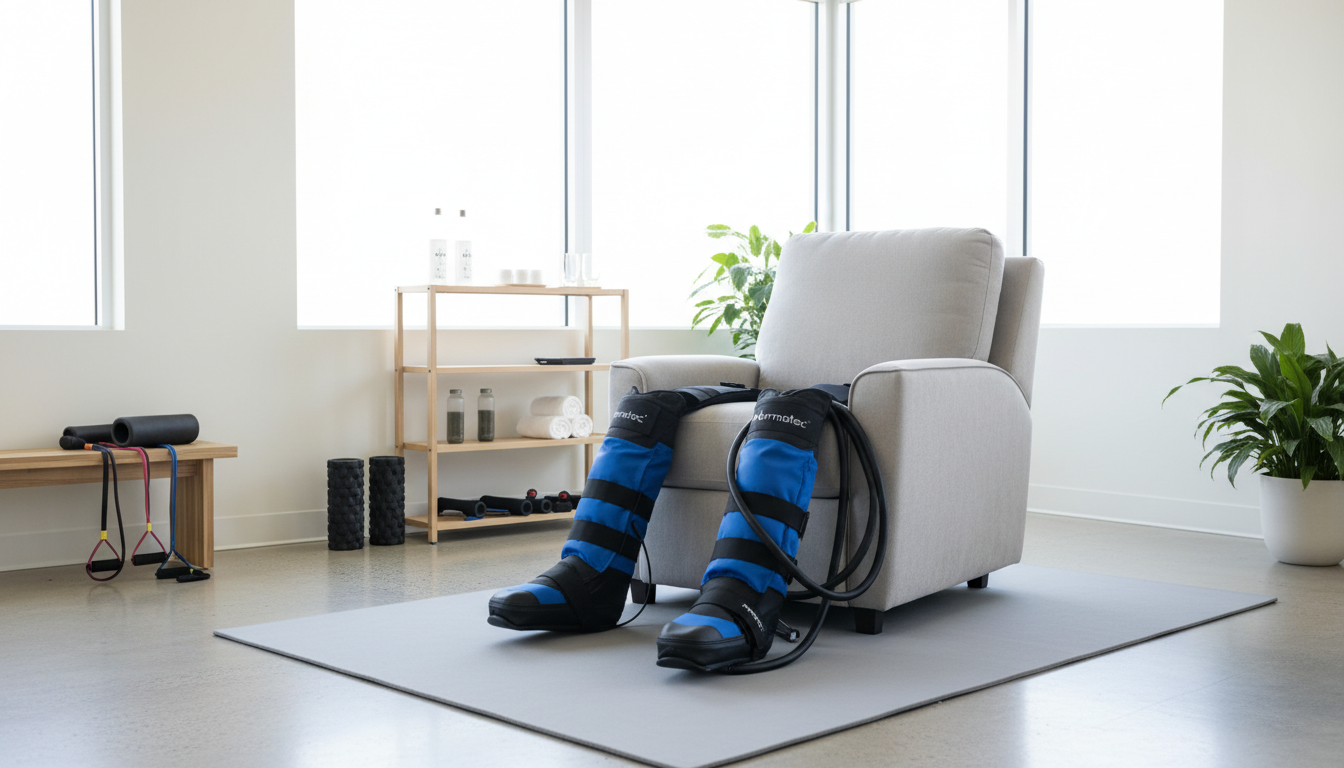 Normatec compression boots in a recovery studio before a training session