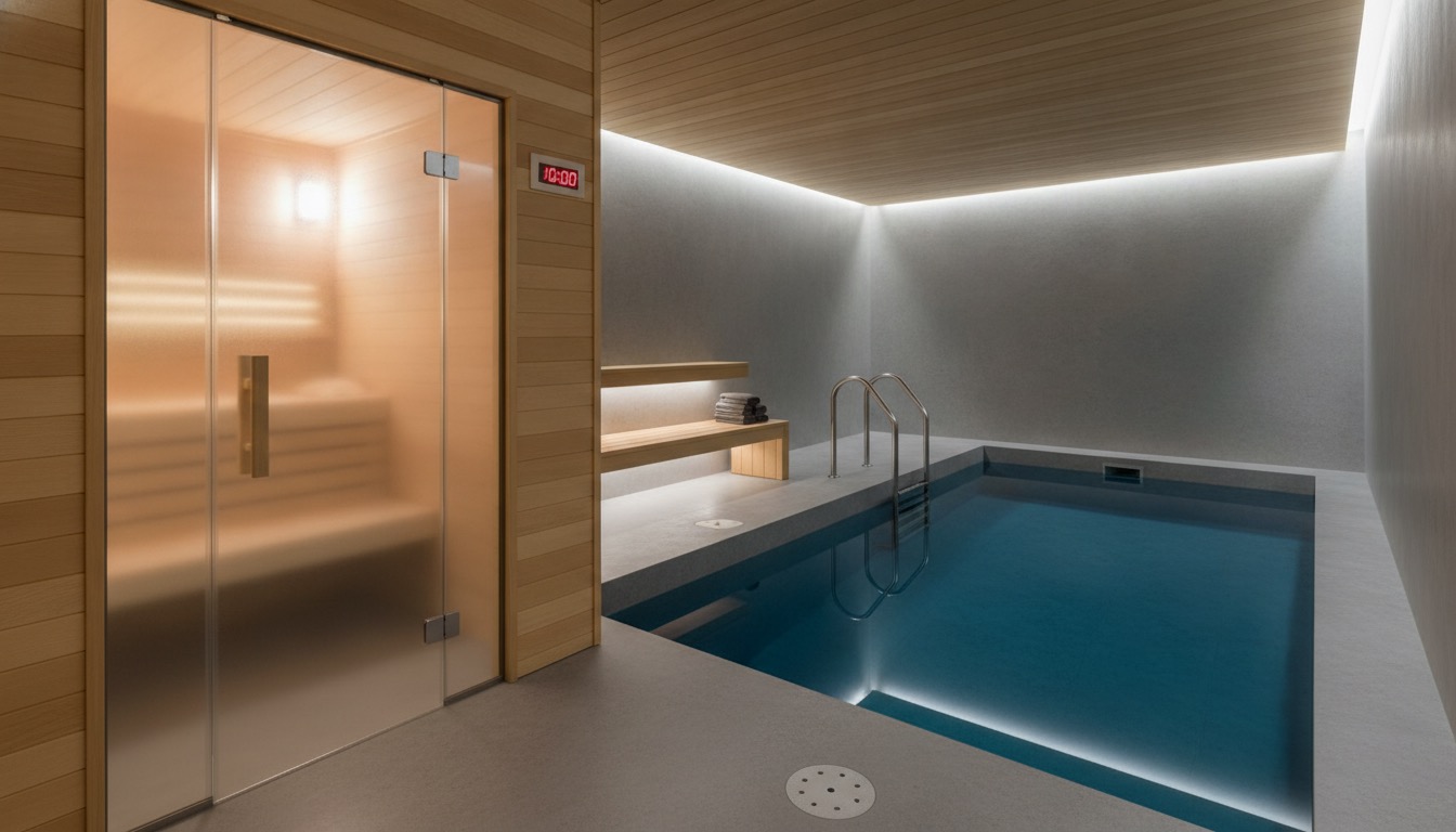 Timer next to sauna and cold plunge showing contrast therapy timing protocol