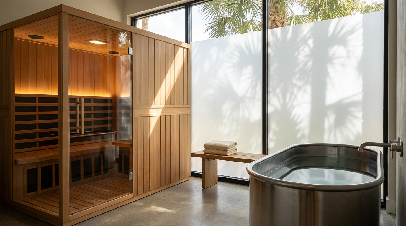 Sauna and cold plunge tubs side by side at a Tampa recovery studio
