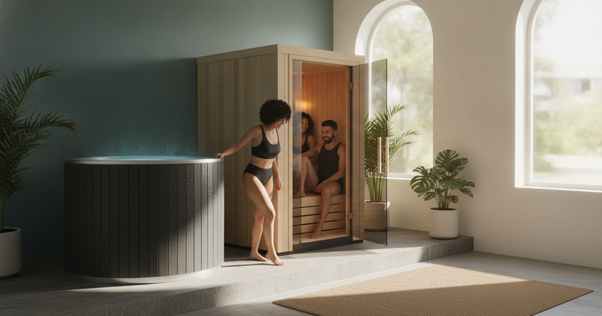 Cold plunge tub and sauna door in a Tampa recovery studio during summer