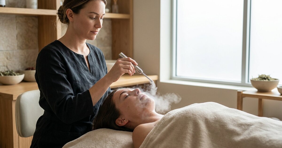 Esthetician guiding a thin stream of cold vapor across a client's cheek in a softly lit treatment room