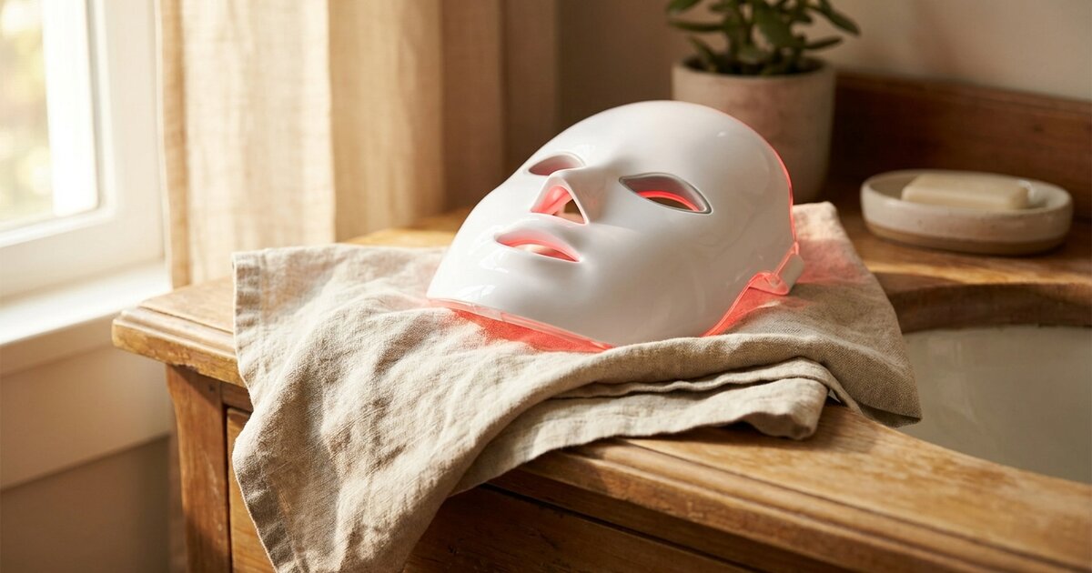 White LED red light therapy face mask glowing softly on a linen towel on a bathroom counter
