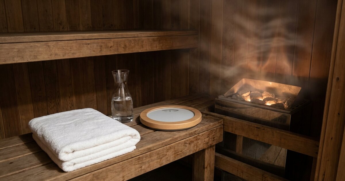 Towel, water bottle, and bathroom scale on the lower bench of a warm cedar sauna