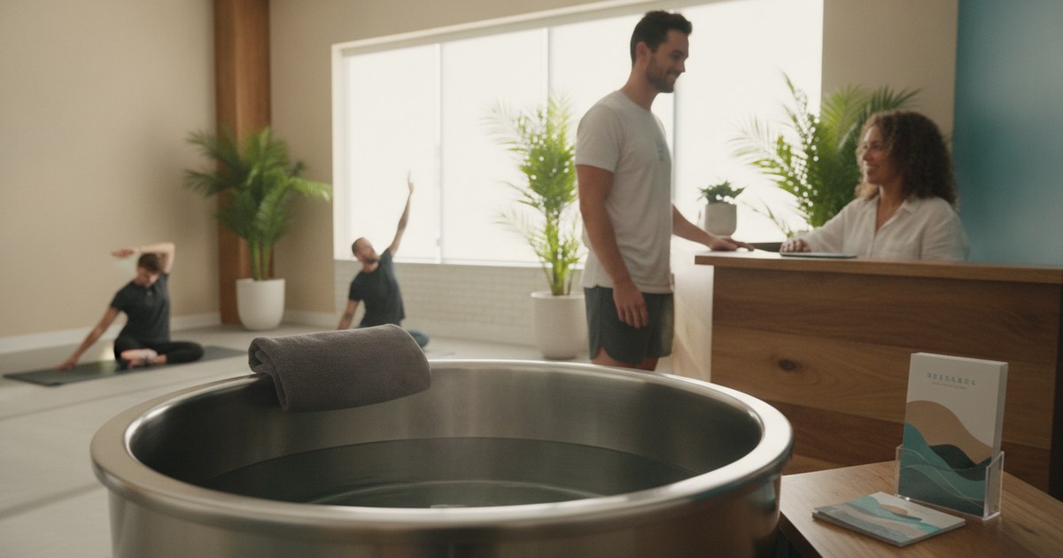 Cold plunge tub with a folded towel on the rim at a Tampa Bay recovery studio