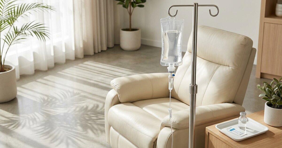IV bag and drip line hanging beside an empty recliner in a sunlit Tampa IV therapy lounge