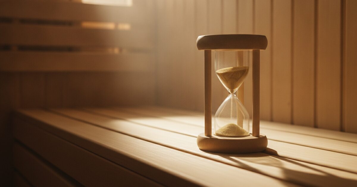 Sand timer resting on a wooden sauna bench with warm light behind it