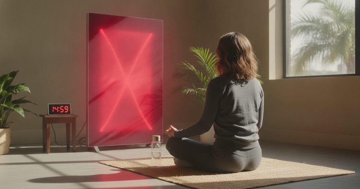 Person seated in front of a red light therapy panel with a session timer visible in a Tampa studio