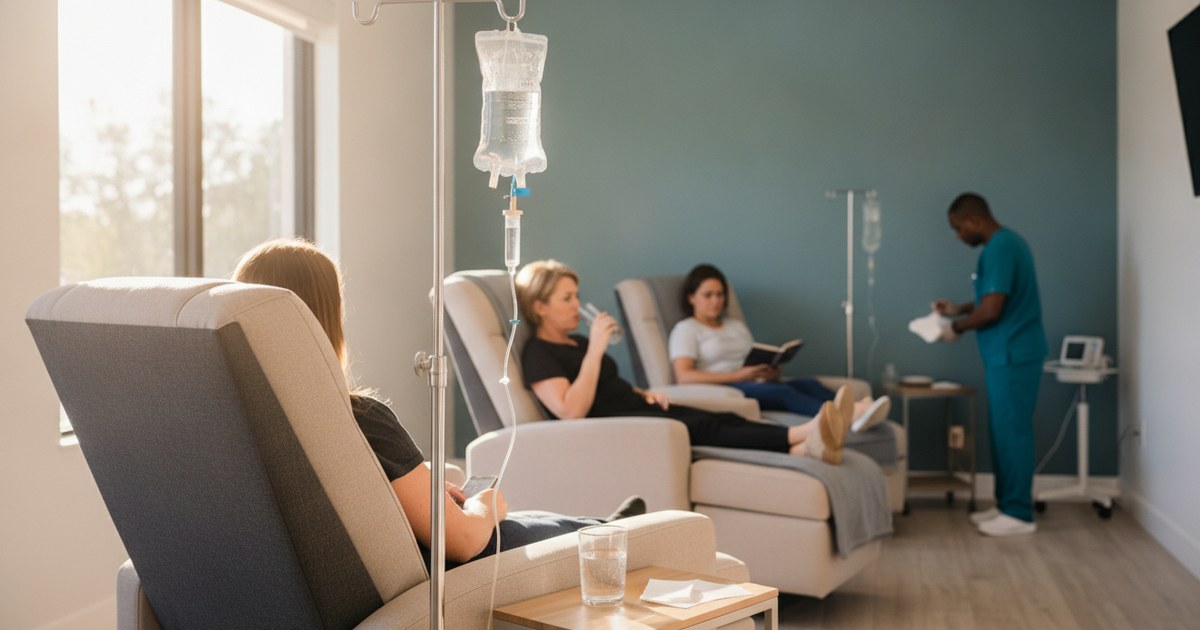 IV drip bag hanging beside a treatment chair in a Tampa clinic illustrating infusion pricing