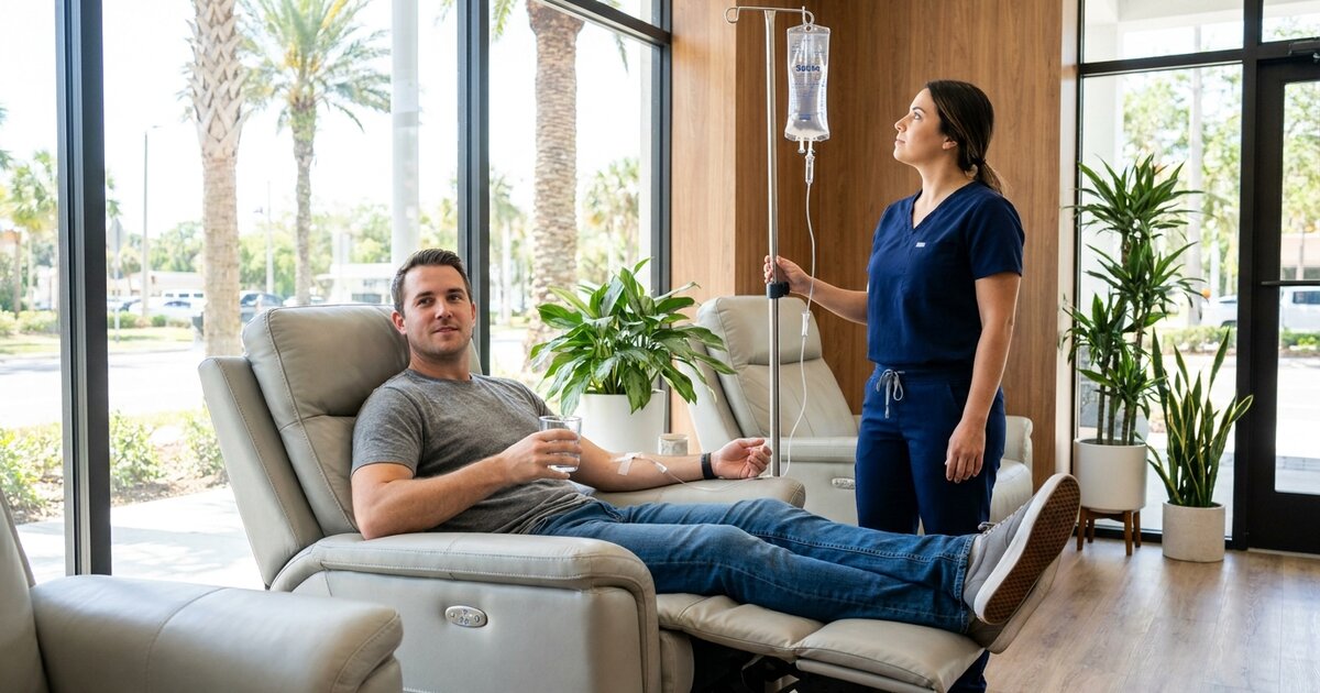 Man relaxing in a recliner with an IV drip while a nurse checks the saline bag at a Tampa hydration clinic