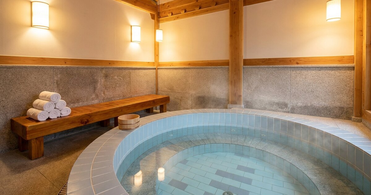 Tiled hot soaking tub beside a wooden bench with rolled towels and a small wooden bucket in a Korean-style bathhouse