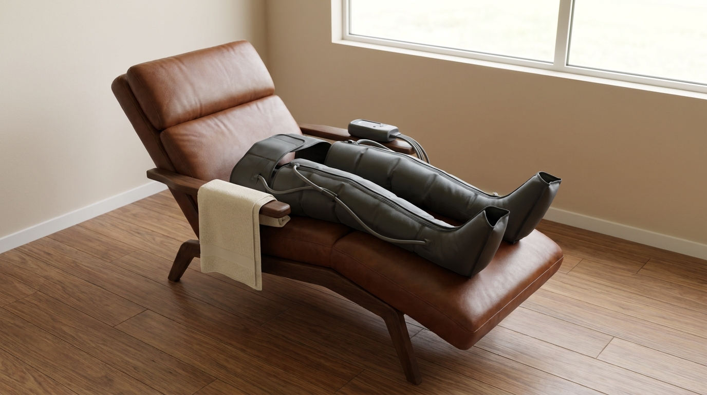 Pneumatic compression boots on a recliner at a Tampa recovery studio