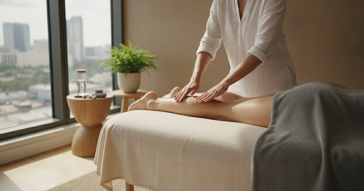 Massage therapist using light hand strokes on a client's lower leg during a lymphatic drainage session in a Tampa treatment room