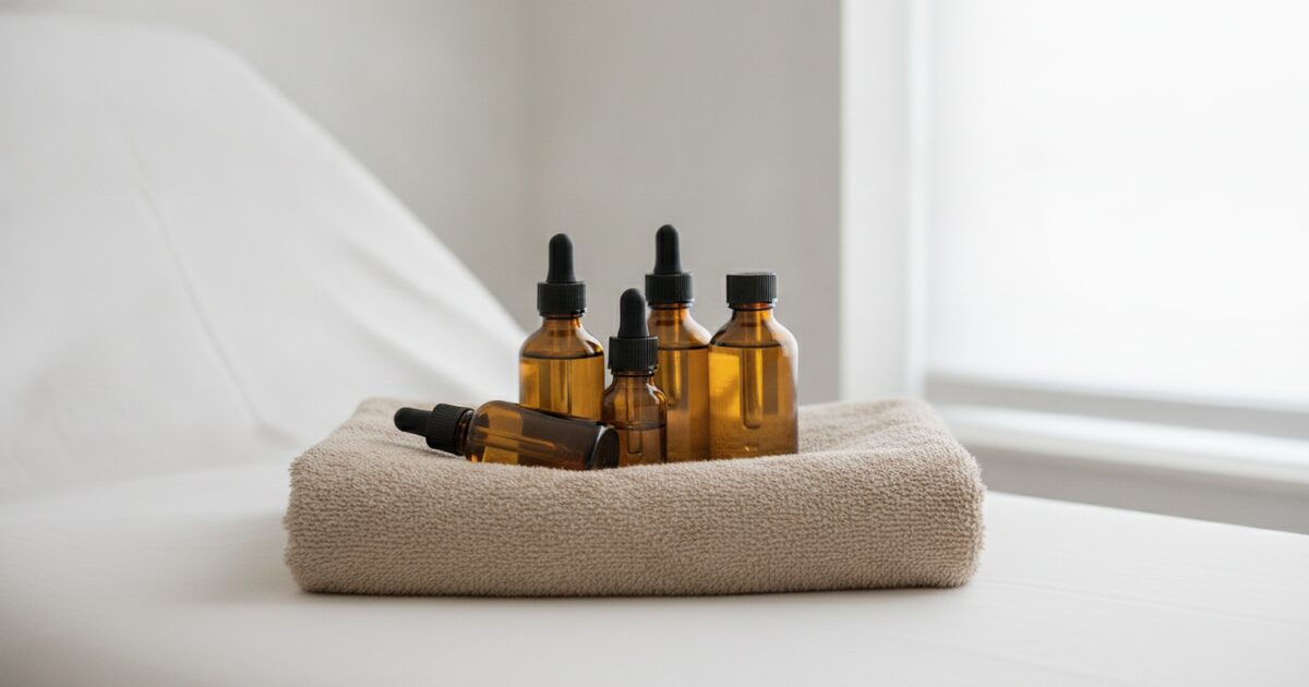 Amber skincare serum bottles on a folded towel atop a white med spa treatment bed in soft daylight