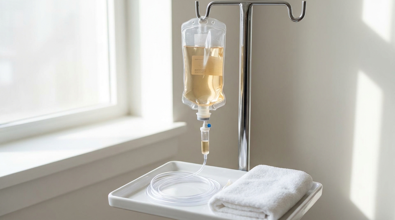 IV bag with vitamin and mineral additives prepped for a Myers Cocktail infusion