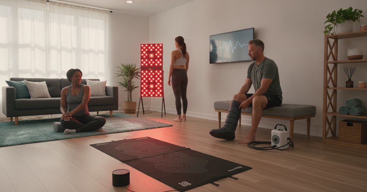 PEMF mat, red light panel, and compression boots set up in a recovery studio room