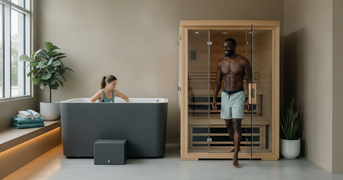 Infrared sauna cabin and cold plunge tub set up side by side in a Tampa Bay recovery studio
