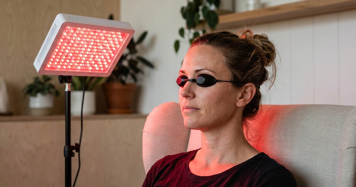 Woman wearing protective eye goggles during a red light therapy session in front of an LED panel