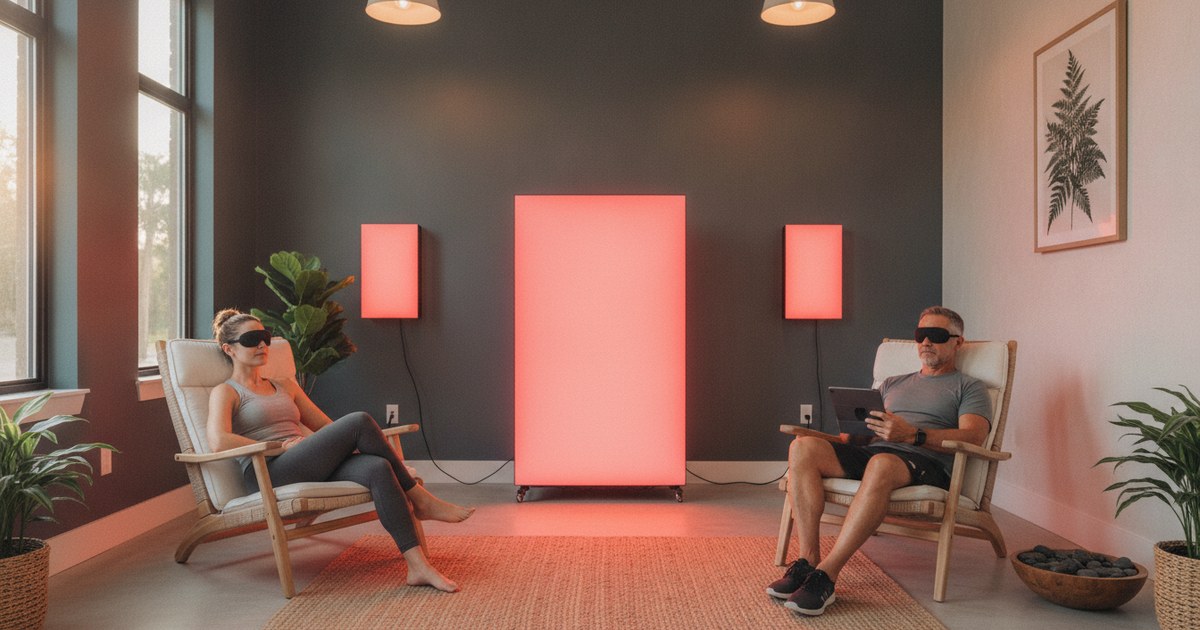 Red light therapy panel glowing in a Tampa studio treatment room illustrating session pricing