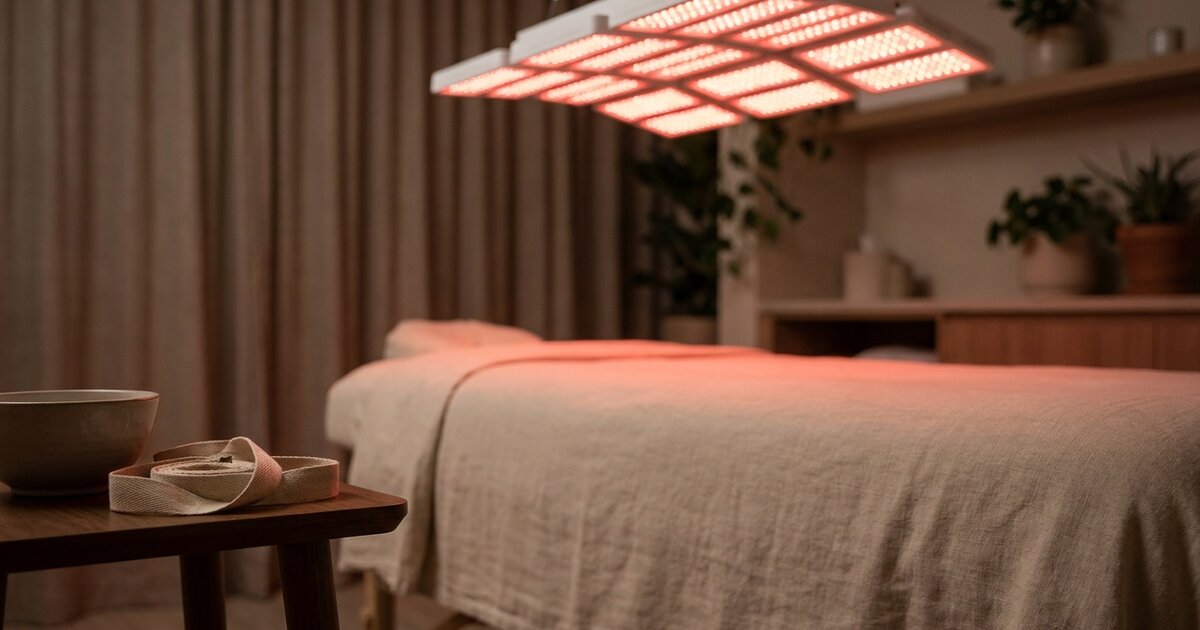 Treatment table under glowing red LED panels with a cloth tape measure on a side table