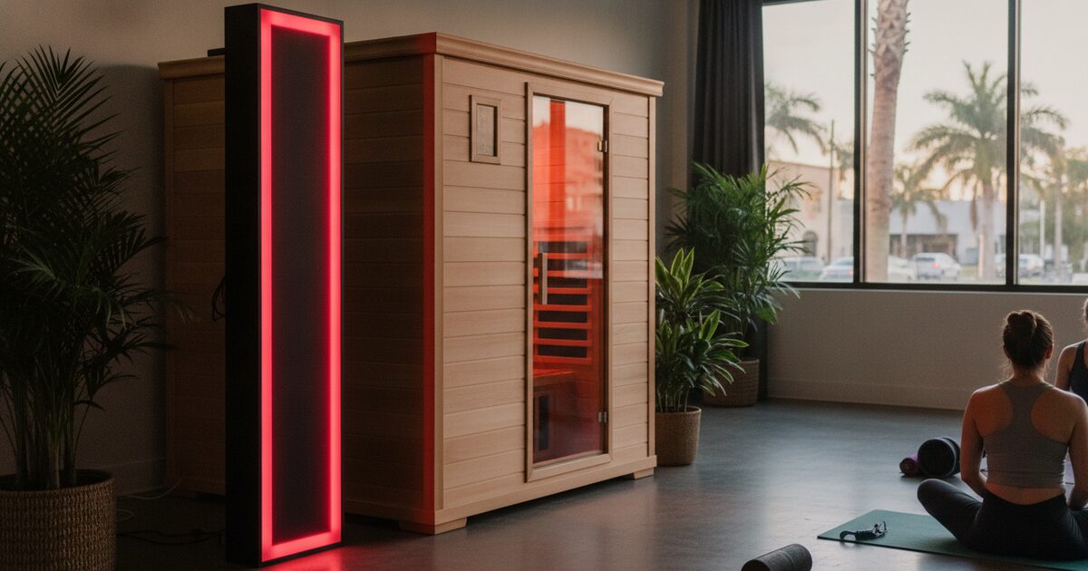 Red light therapy panel glowing beside a wooden infrared sauna cabin in a Tampa wellness studio