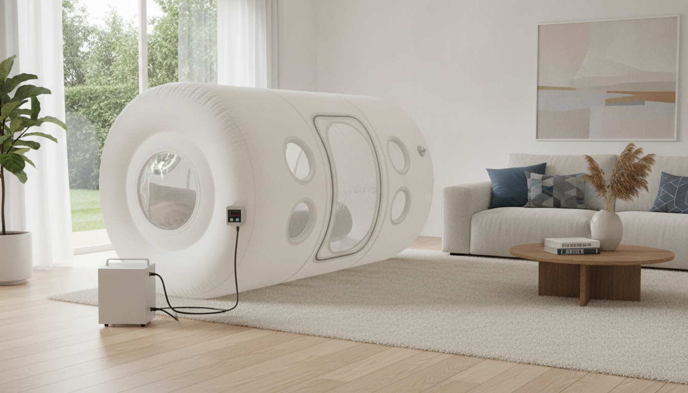 Portable soft hyperbaric oxygen chamber set up in a home environment