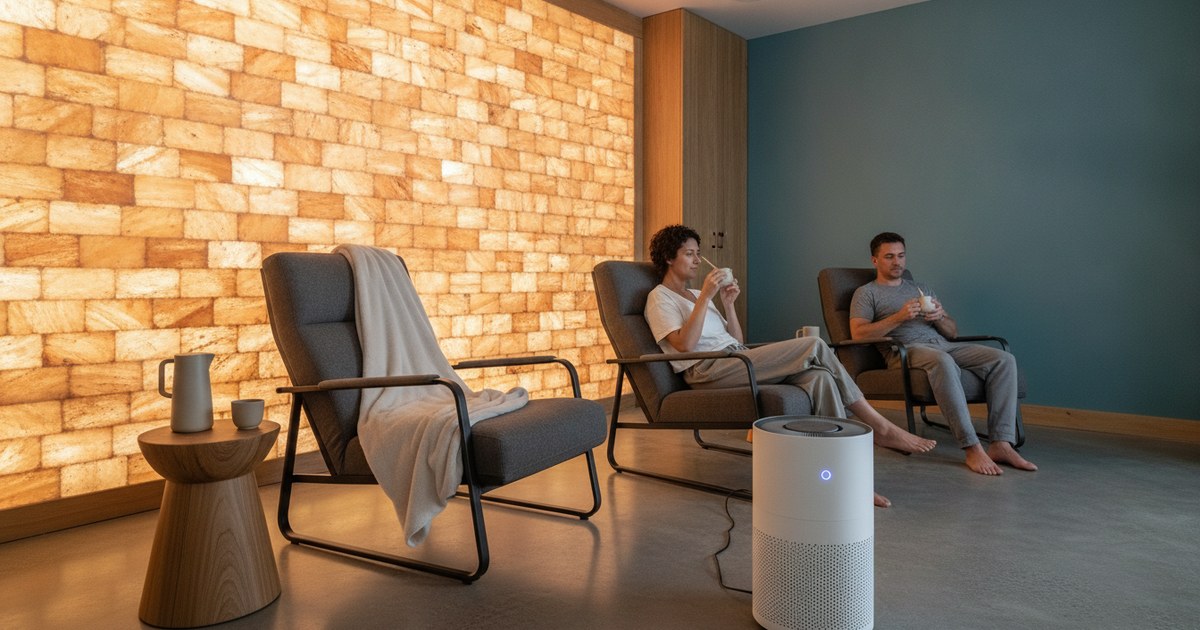 Himalayan salt wall in a dim Tampa halotherapy room next to a recliner