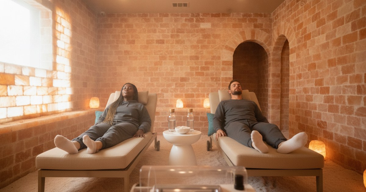 Himalayan salt room with lounge chairs in a Tampa Bay studio illustrating session pricing