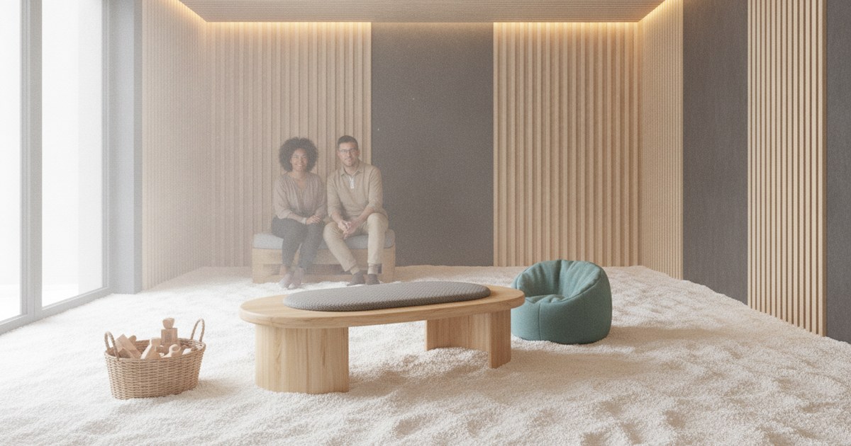 Softly lit salt room with a salt covered floor and a low seat for children