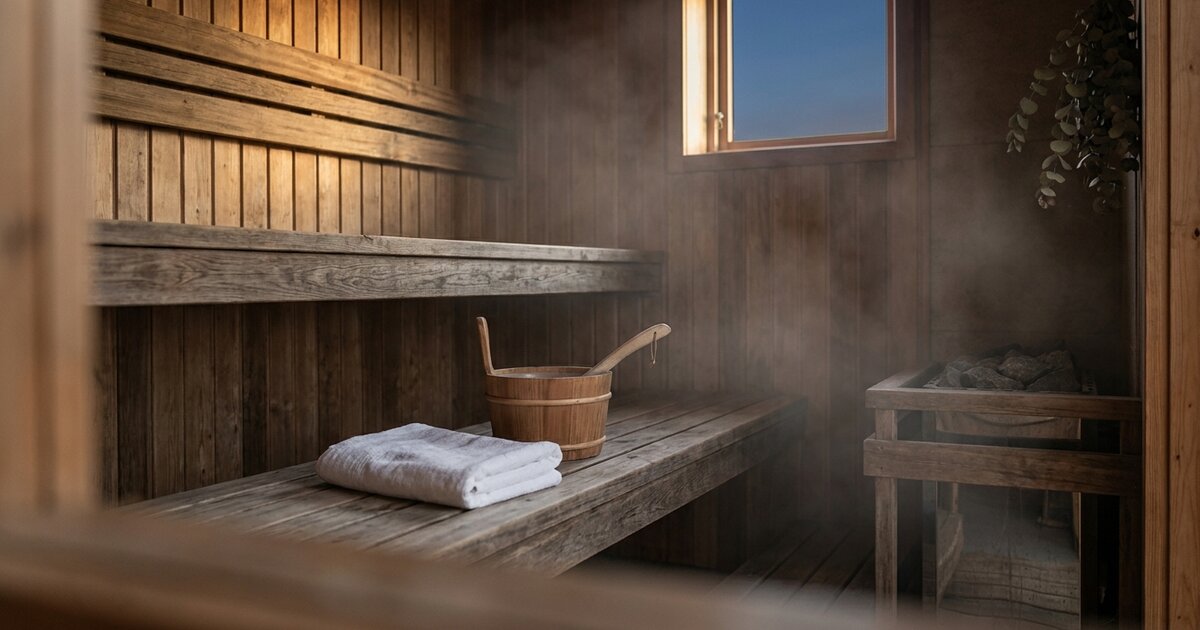 Empty cedar sauna in warm evening light with a folded towel and wooden water bucket on the bench