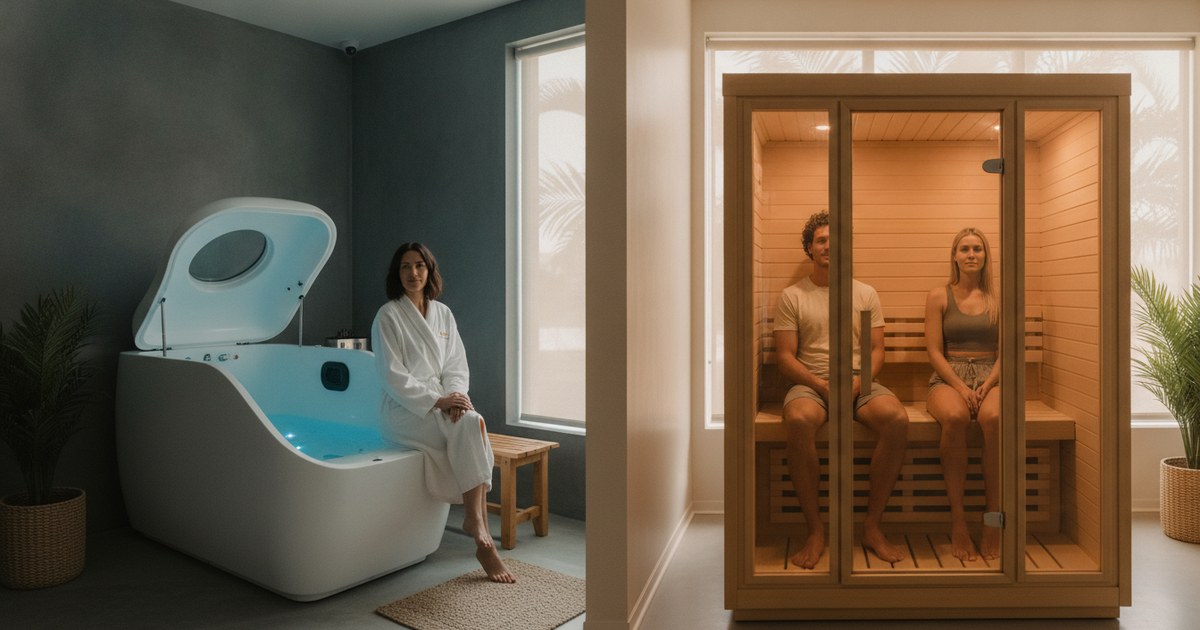 A dim float tank room and an infrared sauna cabin at a Tampa Bay relaxation studio