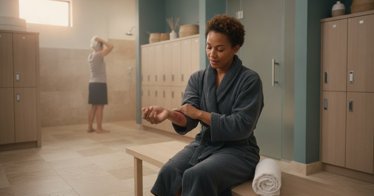 Person checking red blotchy skin on their forearm in a locker room after a sauna session