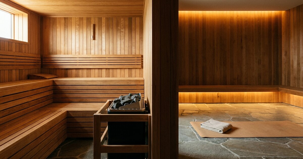Empty cedar sauna beside a cool changing area with a towel and exercise mat