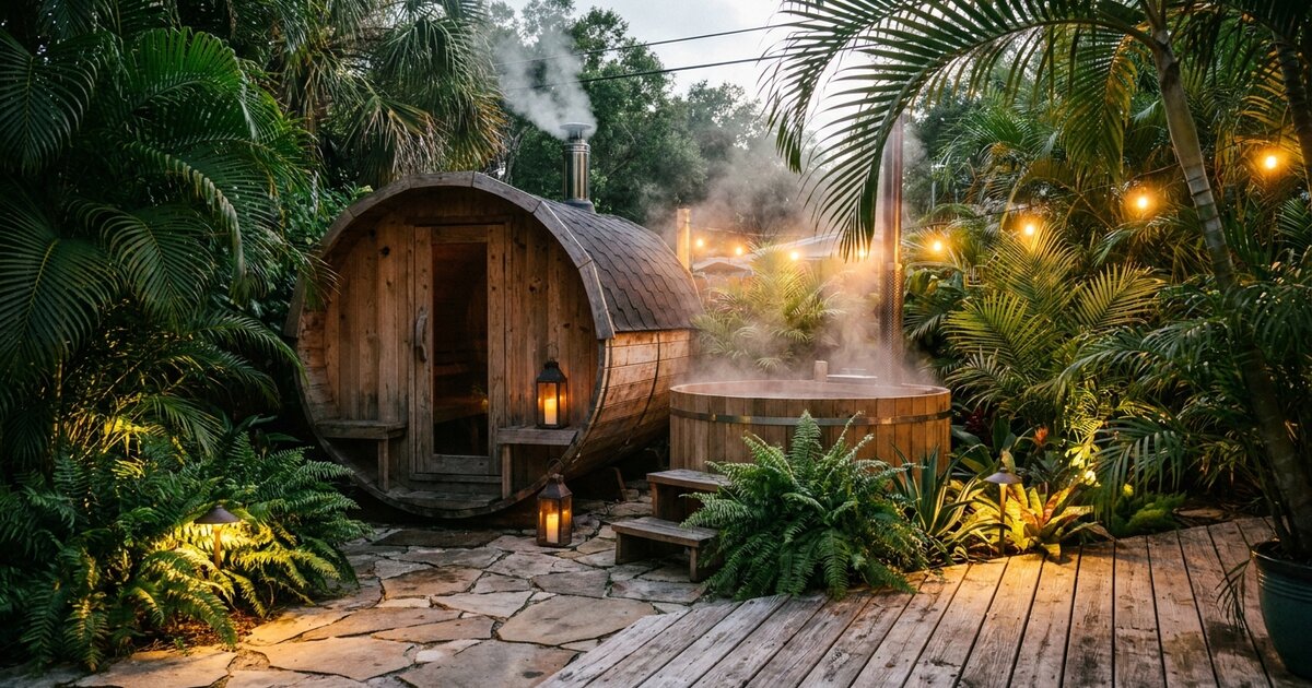 Wooden barrel sauna beside a steaming wood-sided hot tub on a palm-lined patio at dusk