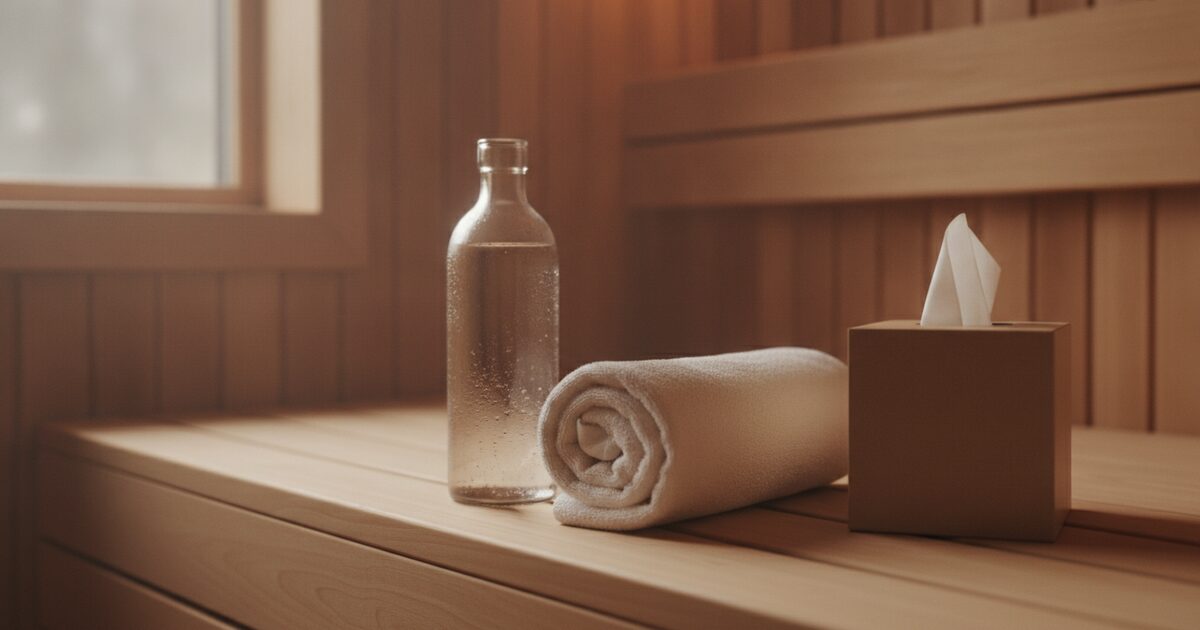Towel and water bottle on a cedar sauna bench beside a box of tissues