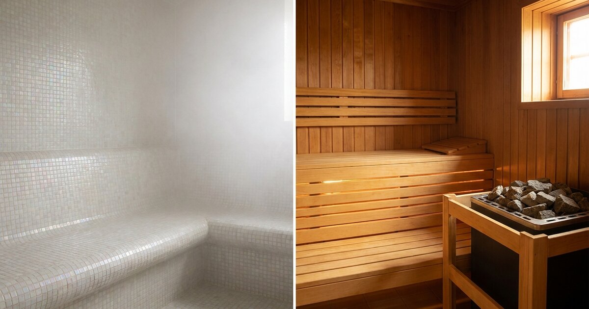 Misty white tiled steam room shown side by side with a cedar sauna and stone heater