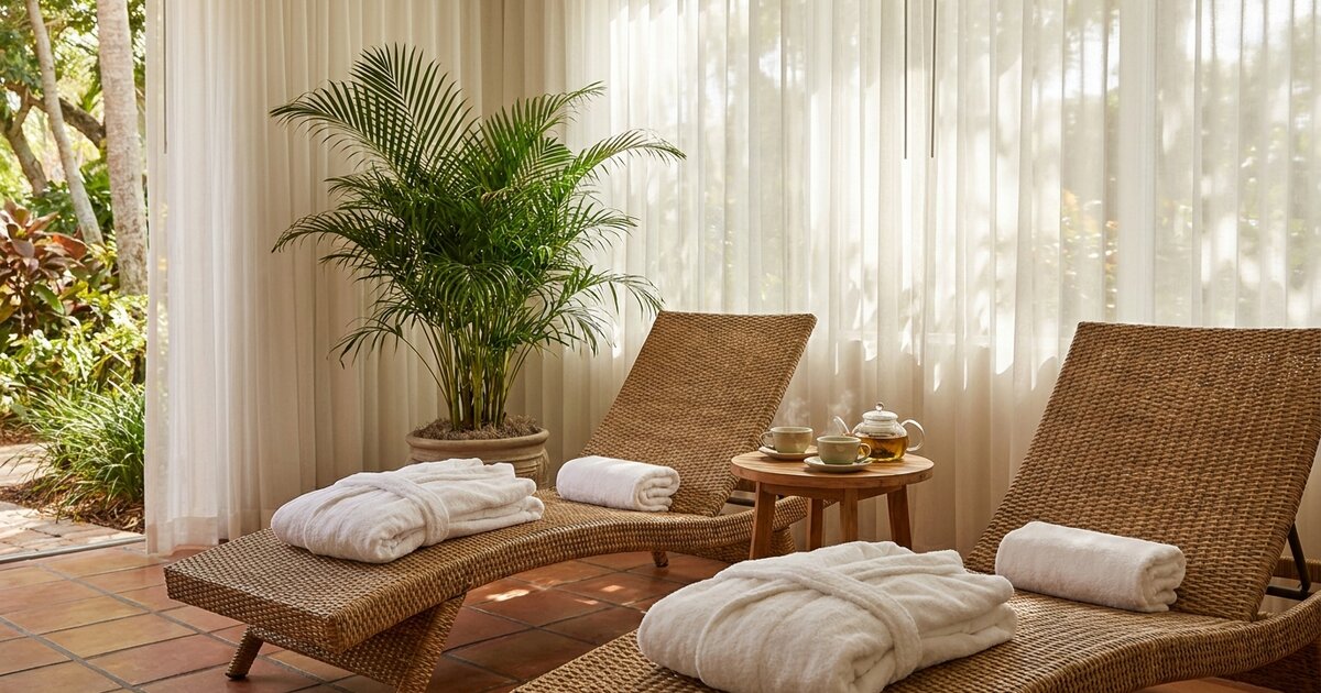 Two woven lounge chairs with folded white robes and a pot of herbal tea in a sunlit Florida spa relaxation room