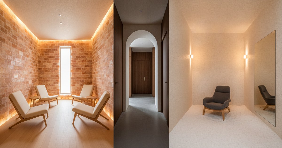Two salt therapy rooms in Tampa Bay shown side by side with salt covered walls