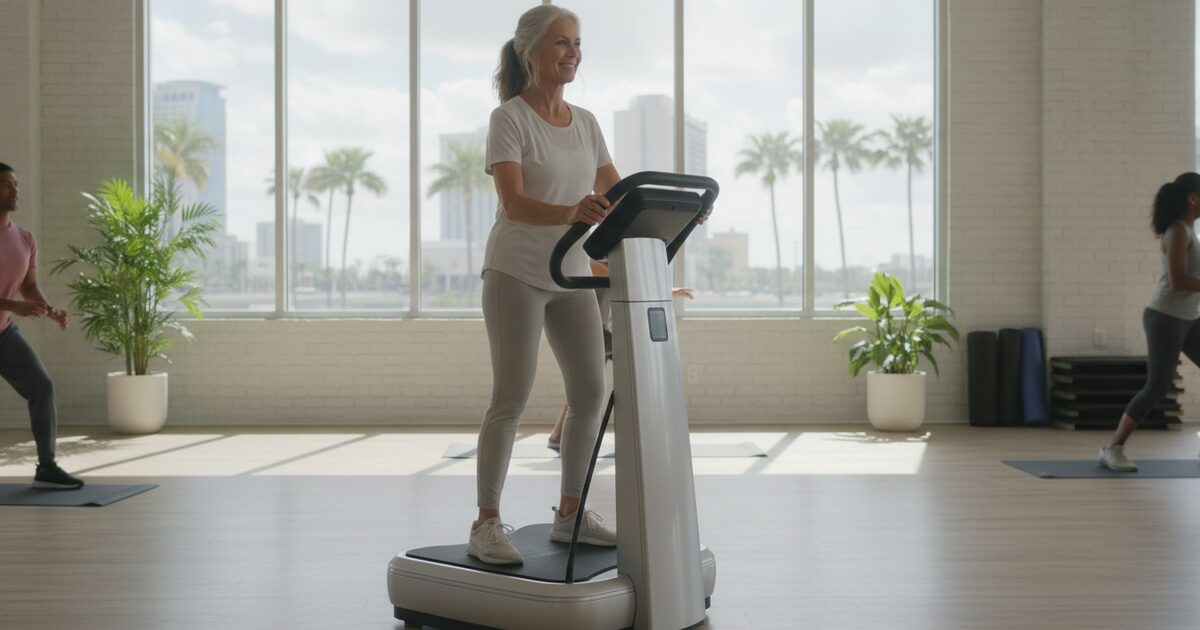 Older adult standing with slightly bent knees on a whole-body vibration plate in a bright Tampa fitness studio